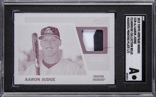 2015 Topps Heritage Minors Clubhouse Collection Relic Magenta Printing Plate #CCR-AJ Aaron Judge Patch Card (#1/1) - SGC Authentic